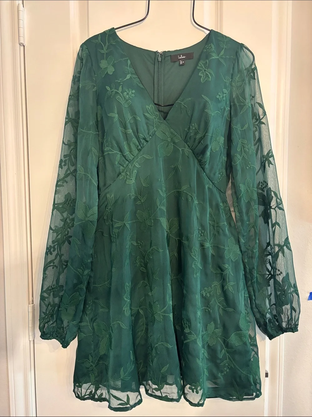 Lulu's Emerald Green V-Neck Floral Embroidered Sheer-Long Sleeve Mini Dress. Med